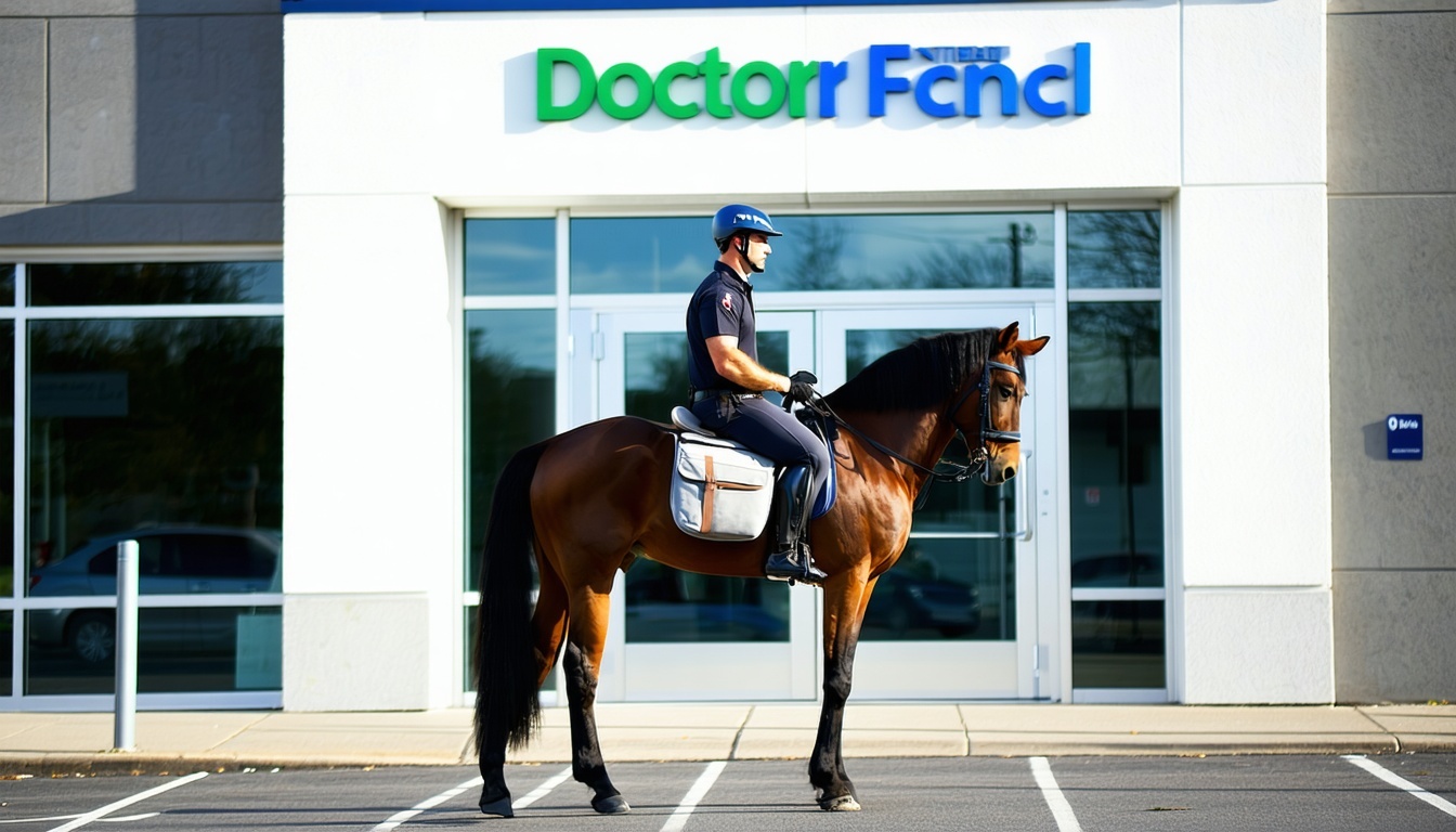 Berittener Bote vor einer Arztpraxis