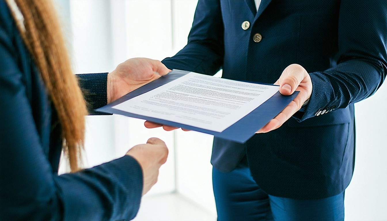 Bote übergibt verschlossenes Dokument an eine Behörde